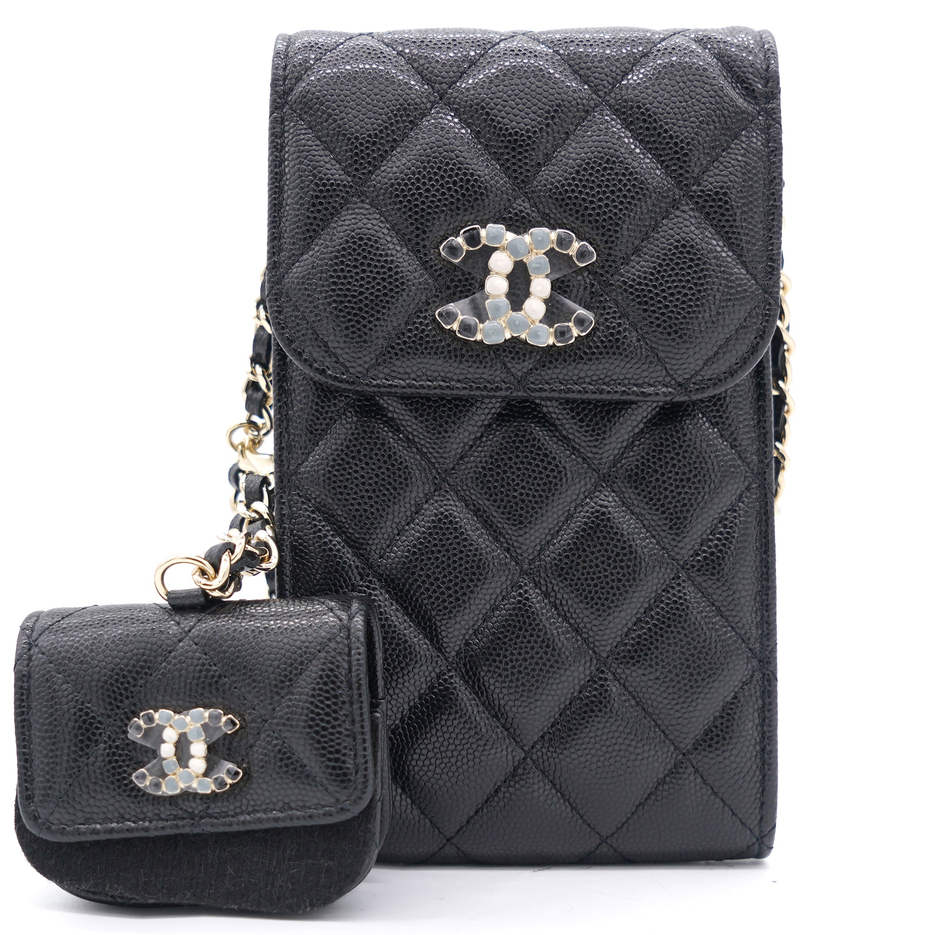 Chanel Caviar Quilted Crystal CC Airpods Pro and Phone Case With Chain  Black – STYLISHTOP