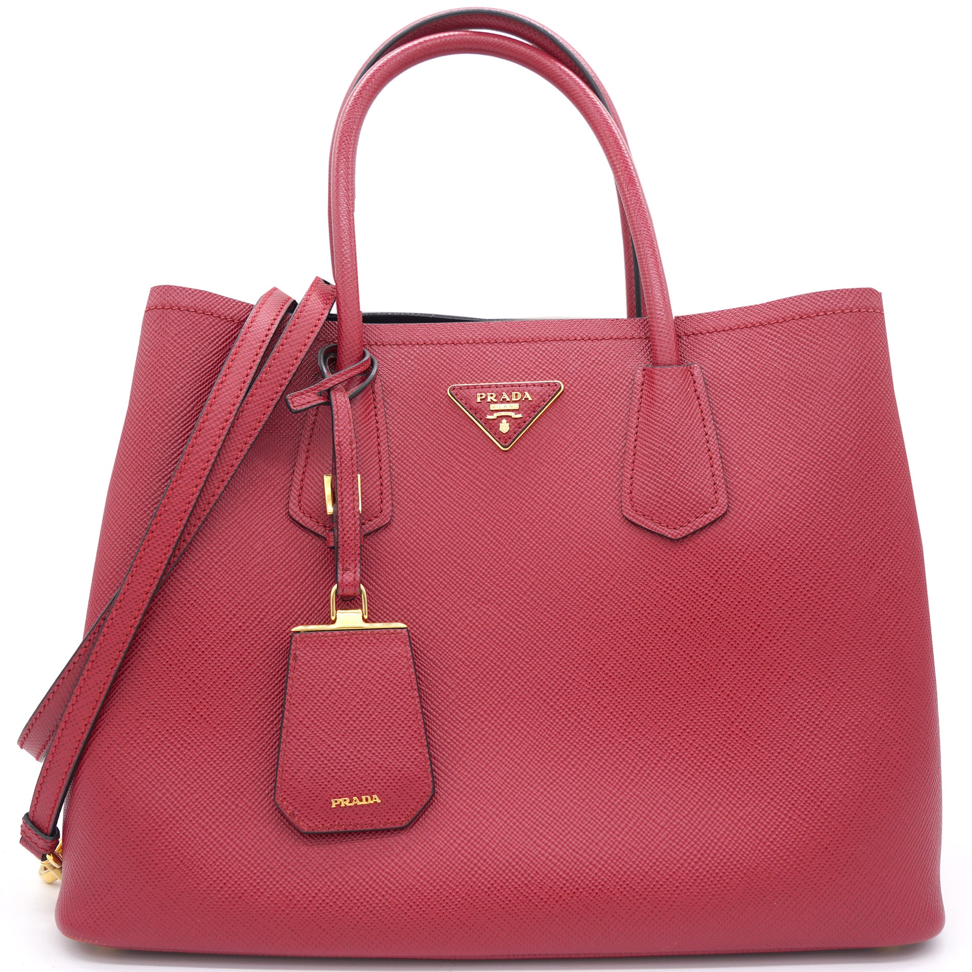 Prada Medium Red Saffiano Leather Double Top Handle Bag – STYLISHTOP