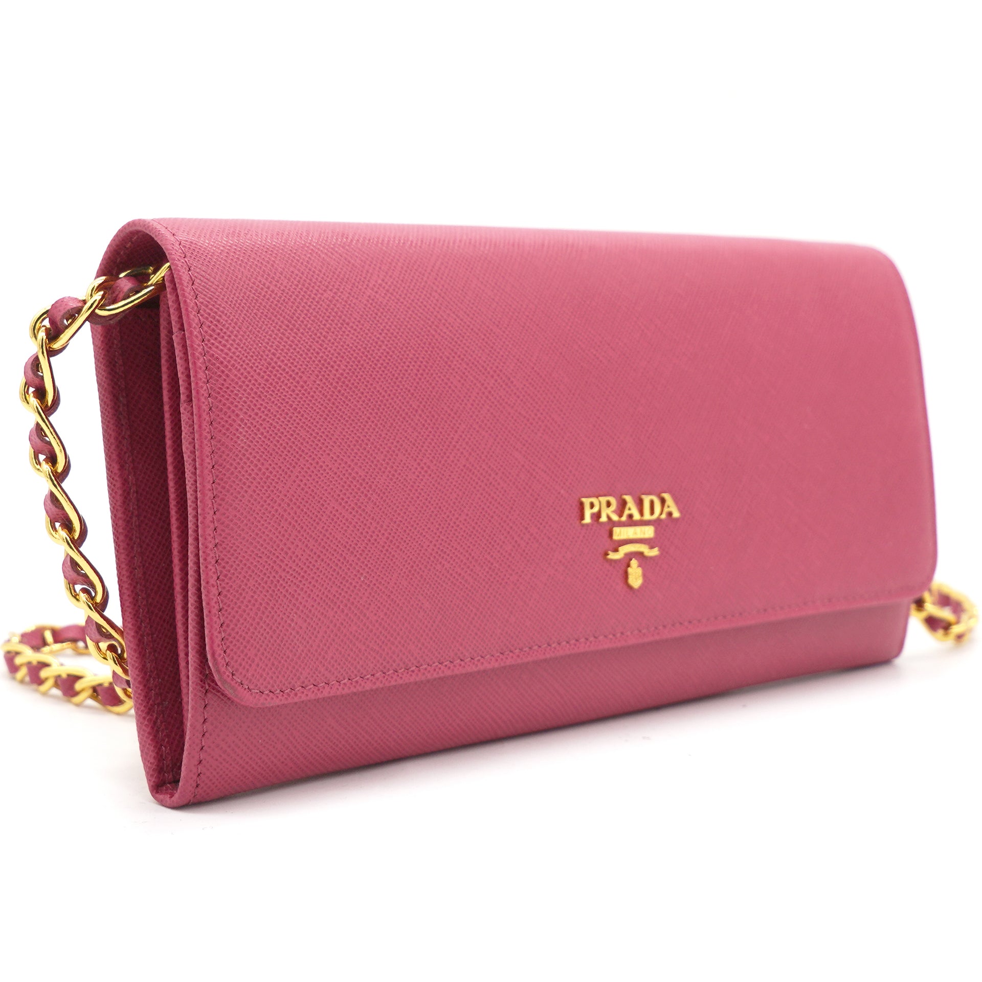 Prada Pink Saffiano Lux Leather Logo Plaque Wallet On Chain – STYLISHTOP