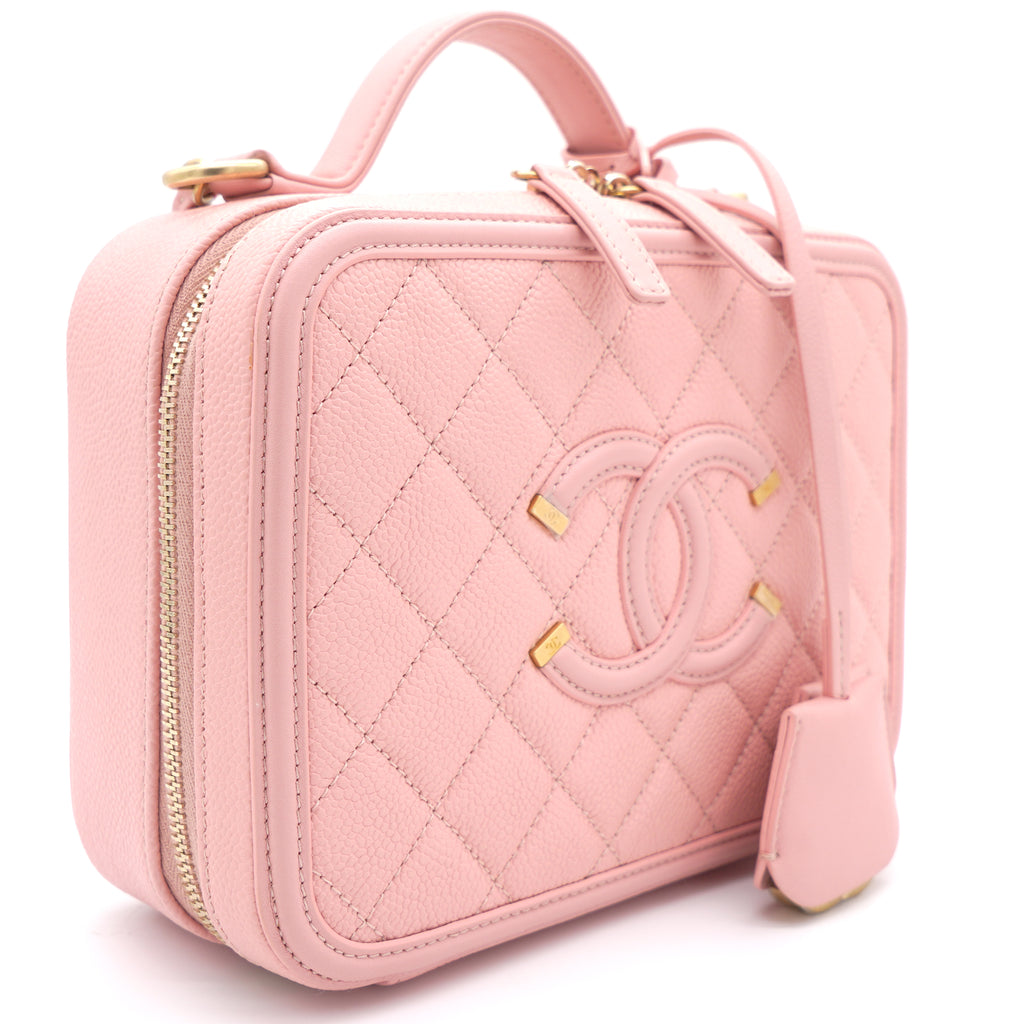 Chanel Pink Quilted Caviar Leather Medium CC Filigree Vanity Case