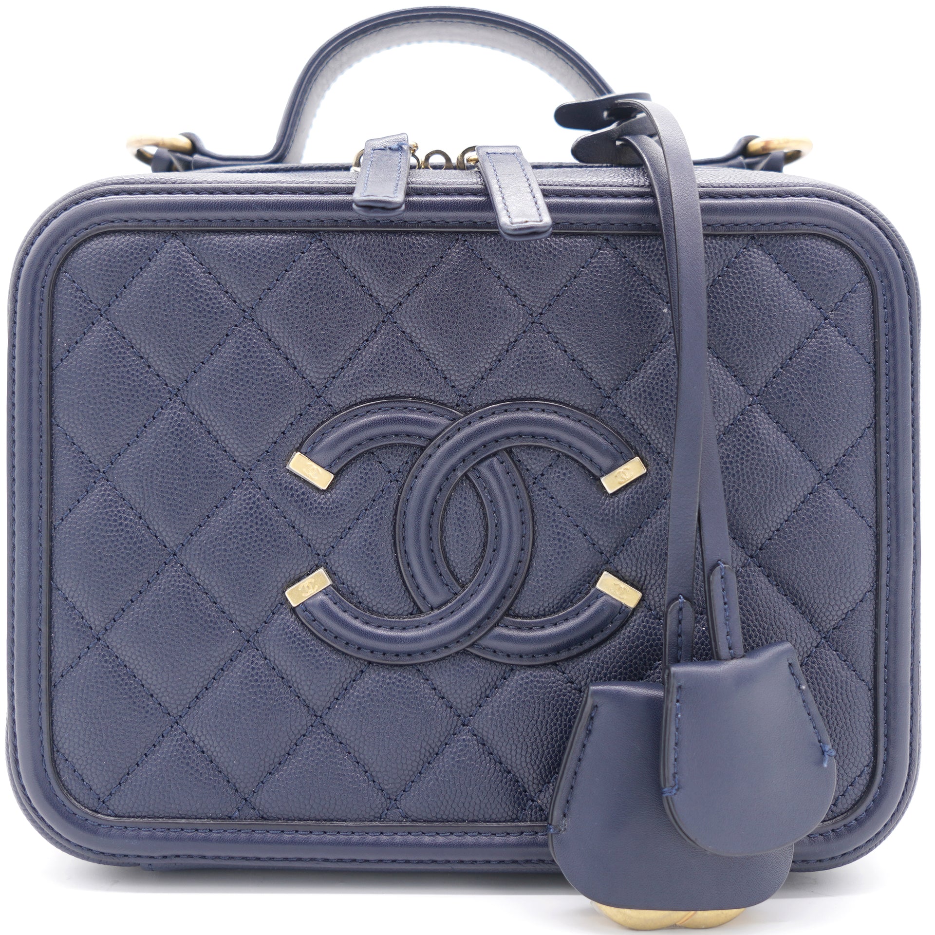 Chanel Navy Quilted Caviar Leather Medium CC Filigree Vanity Case Bag   STYLISHTOP