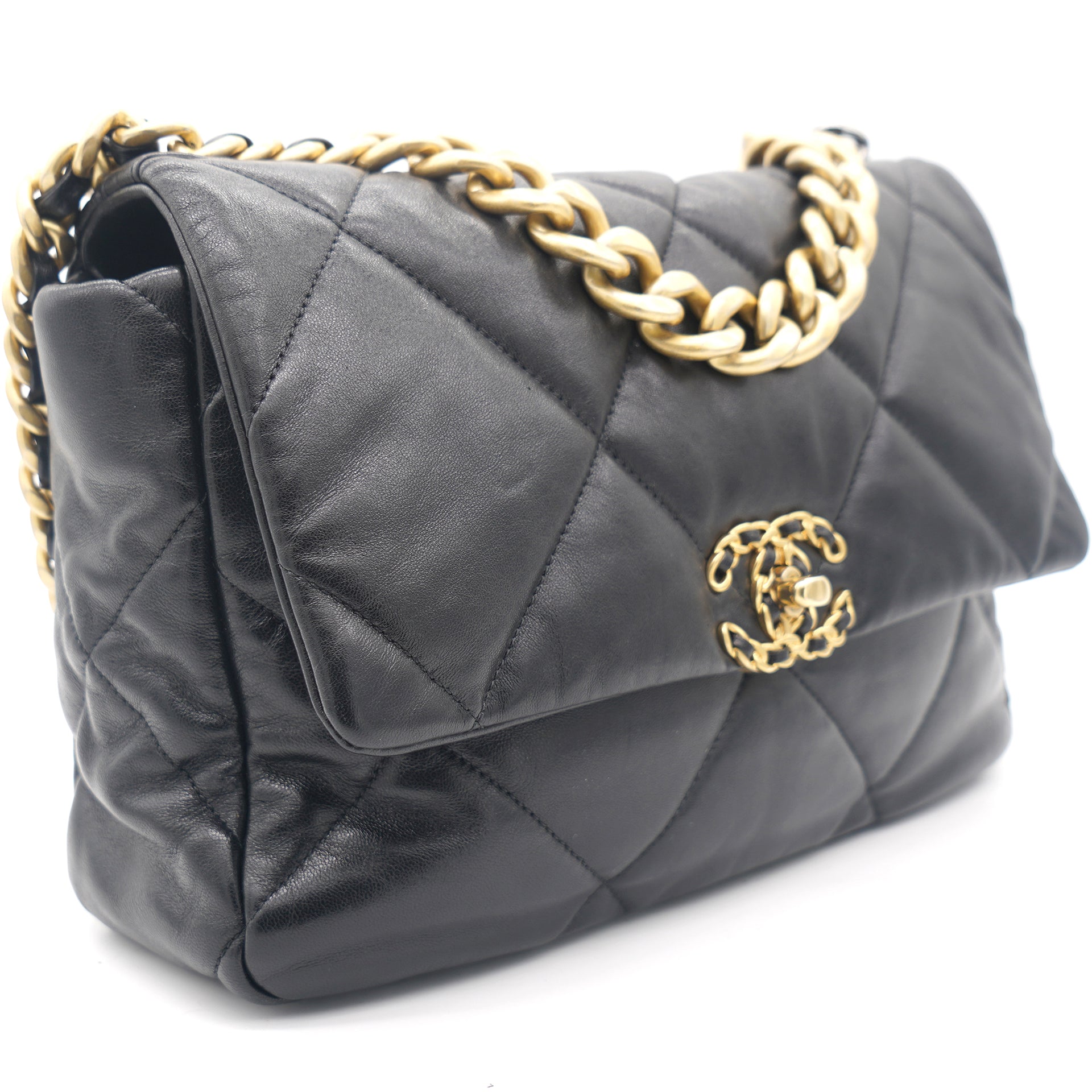 Chanel 19 large handbag Shiny lambskin goldtone silvertone   rutheniumfinish metal black  Fashion  CHANEL