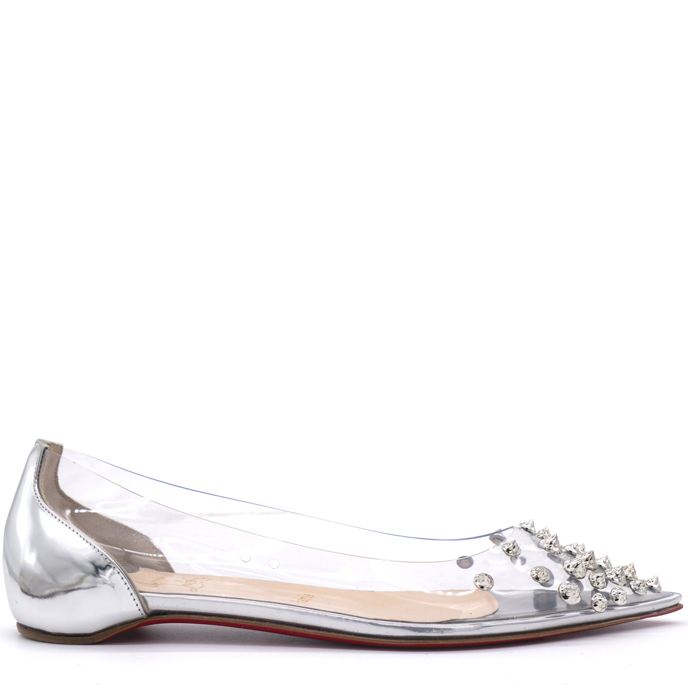 image of Silver Spikes PVC Pointed-Toe Ballet Flats Size 36.5