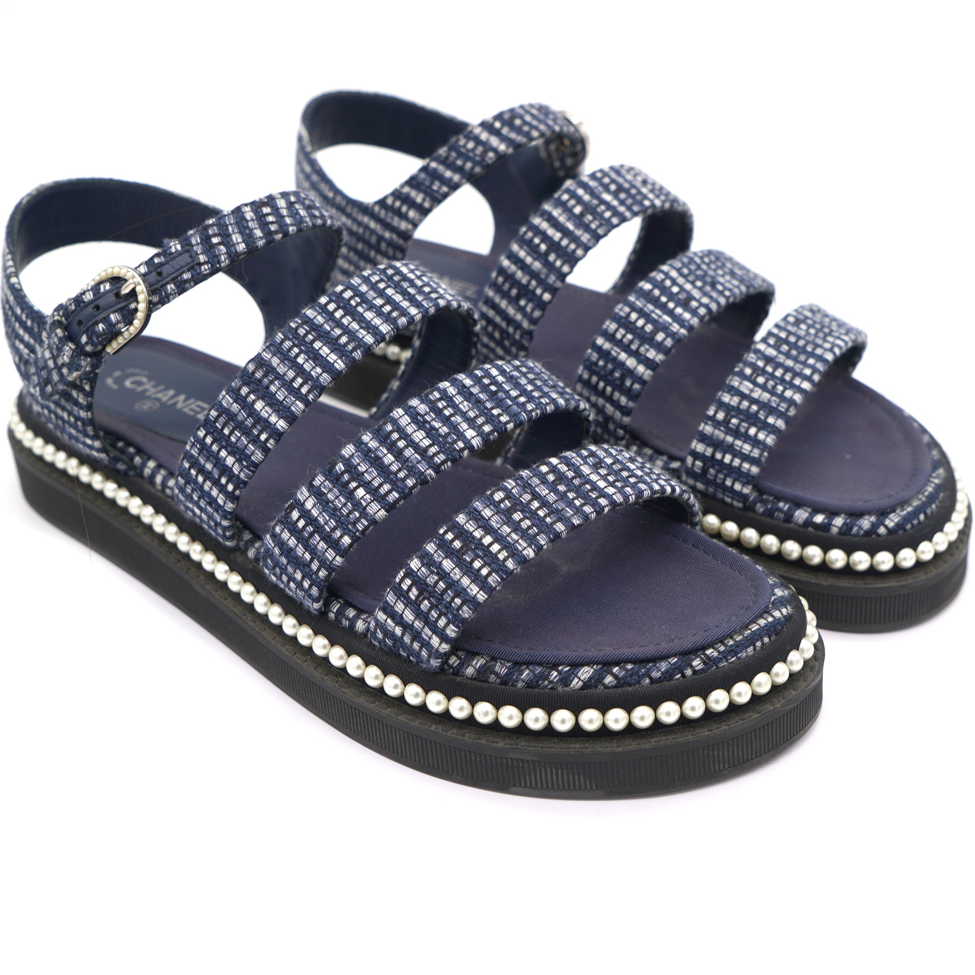 Chanel Tweed Pearl Chunky Flat Sandals Blue 39 – STYLISHTOP
