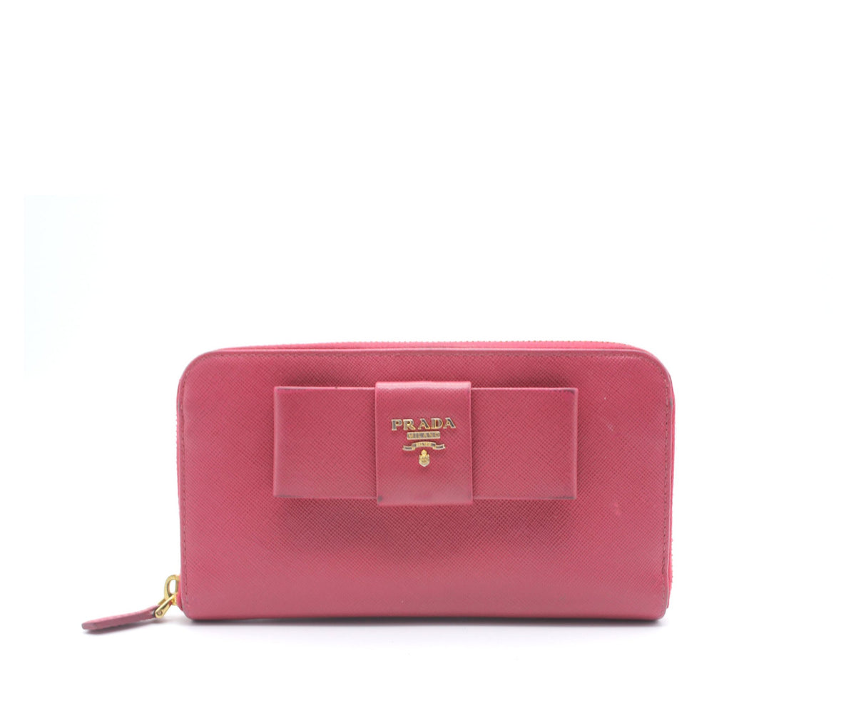 Prada Pink Saffiano Peonia Fiocco Bow Zip Around Wallet – STYLISHTOP