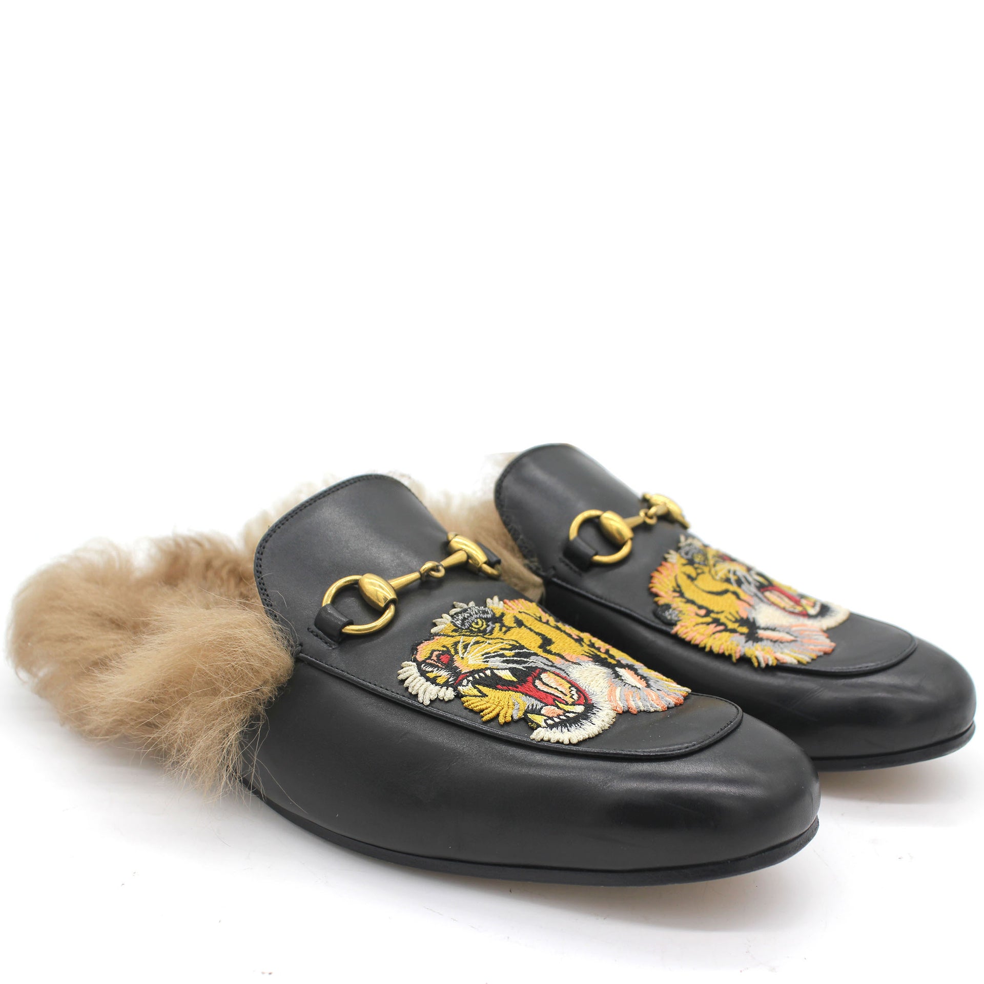 Gucci Black Lion Embroidered Leather and Fur Lined Princetown Mules Men 9 –  STYLISHTOP