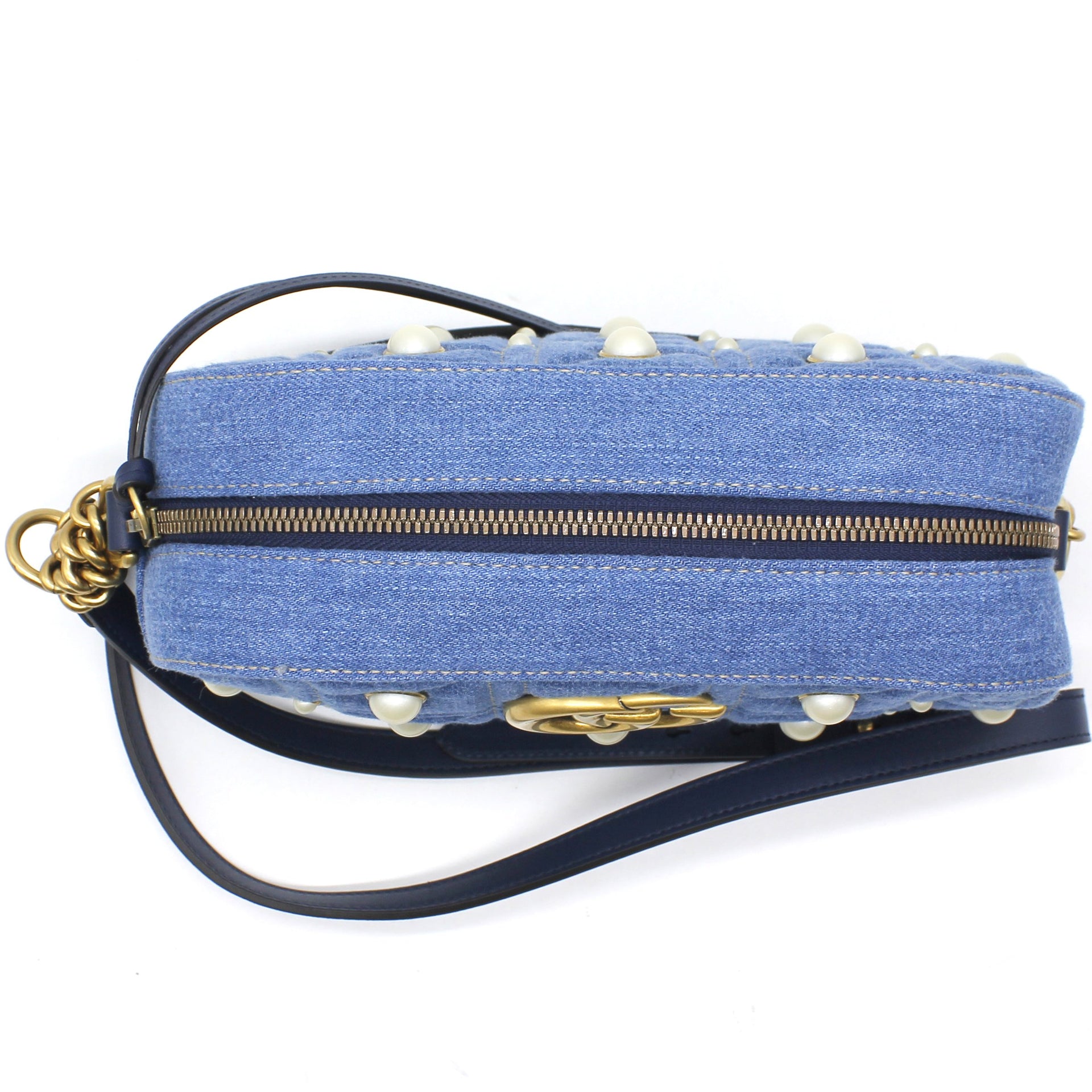 Gucci Denim Matelasse Pearl Studded Small GG Marmont Chain Shoulder Bag Blue – STYLISHTOP