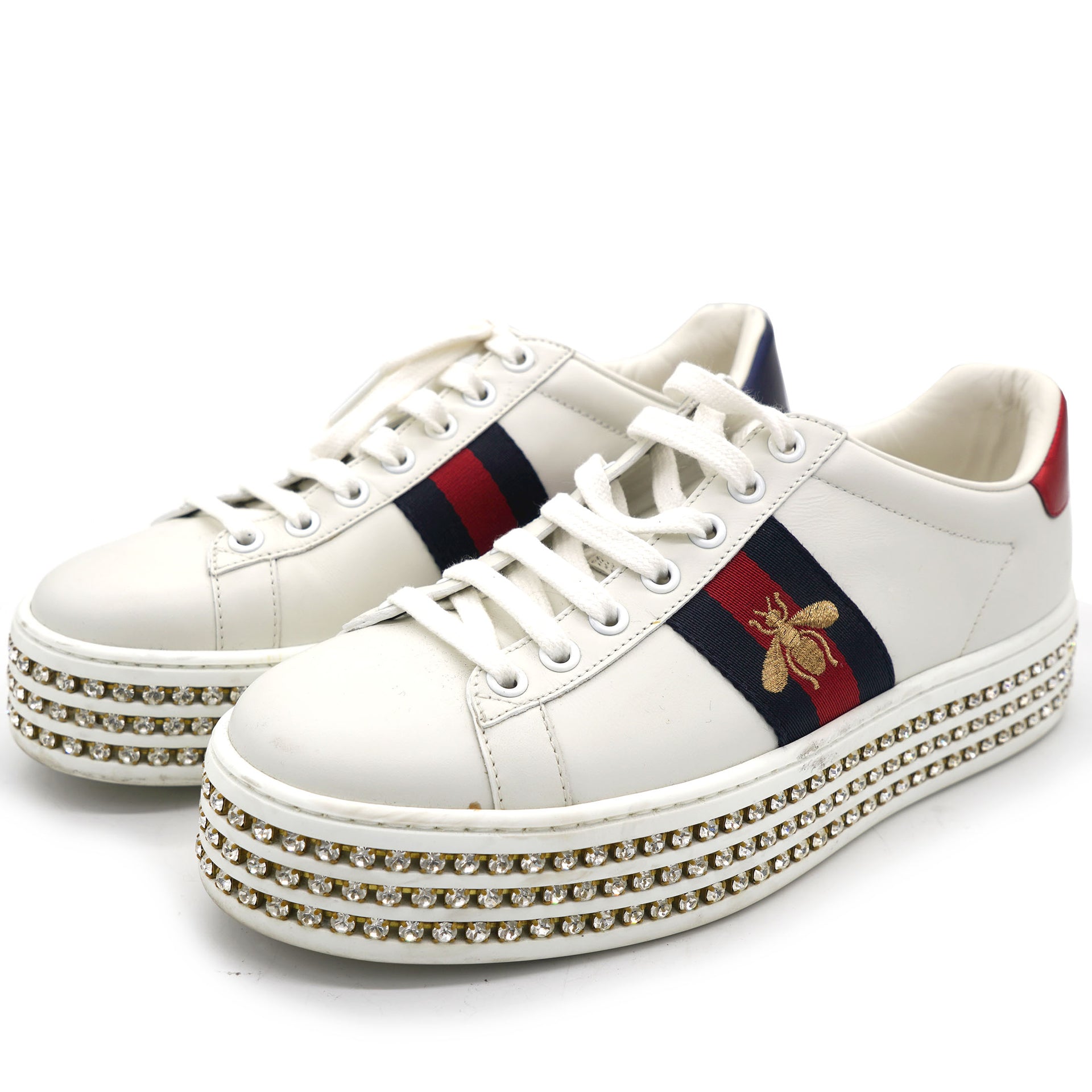 Gucci White Leather And Bee Web Detail New Ace Crystal Embellished Platform  Sneakers 37 – STYLISHTOP