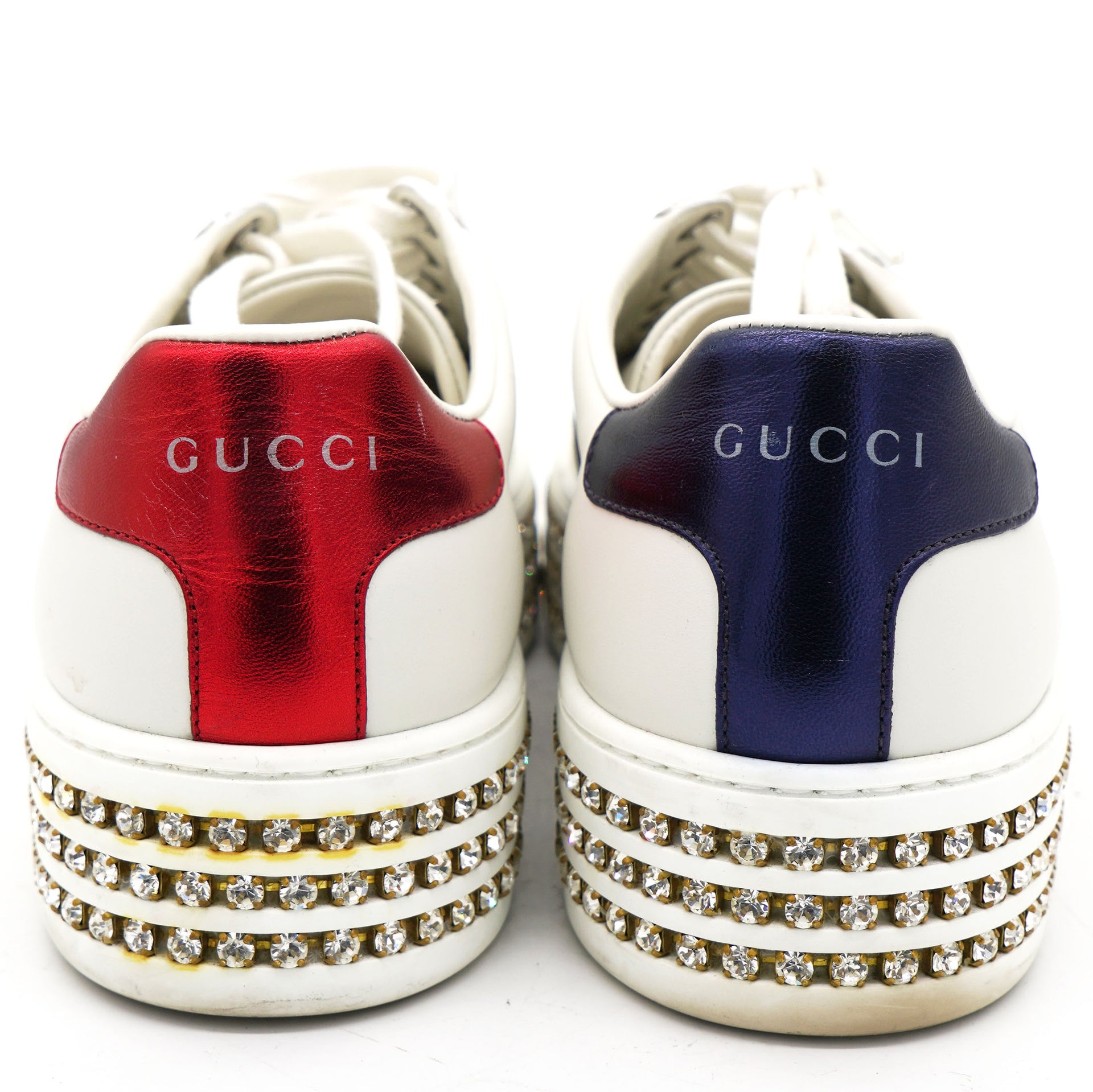 Gucci White Leather And Bee New Ace Crystal Embellished Platform Sneakers 37 –