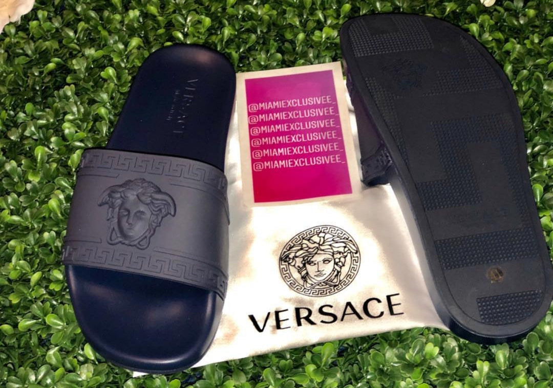 navy blue versace slides