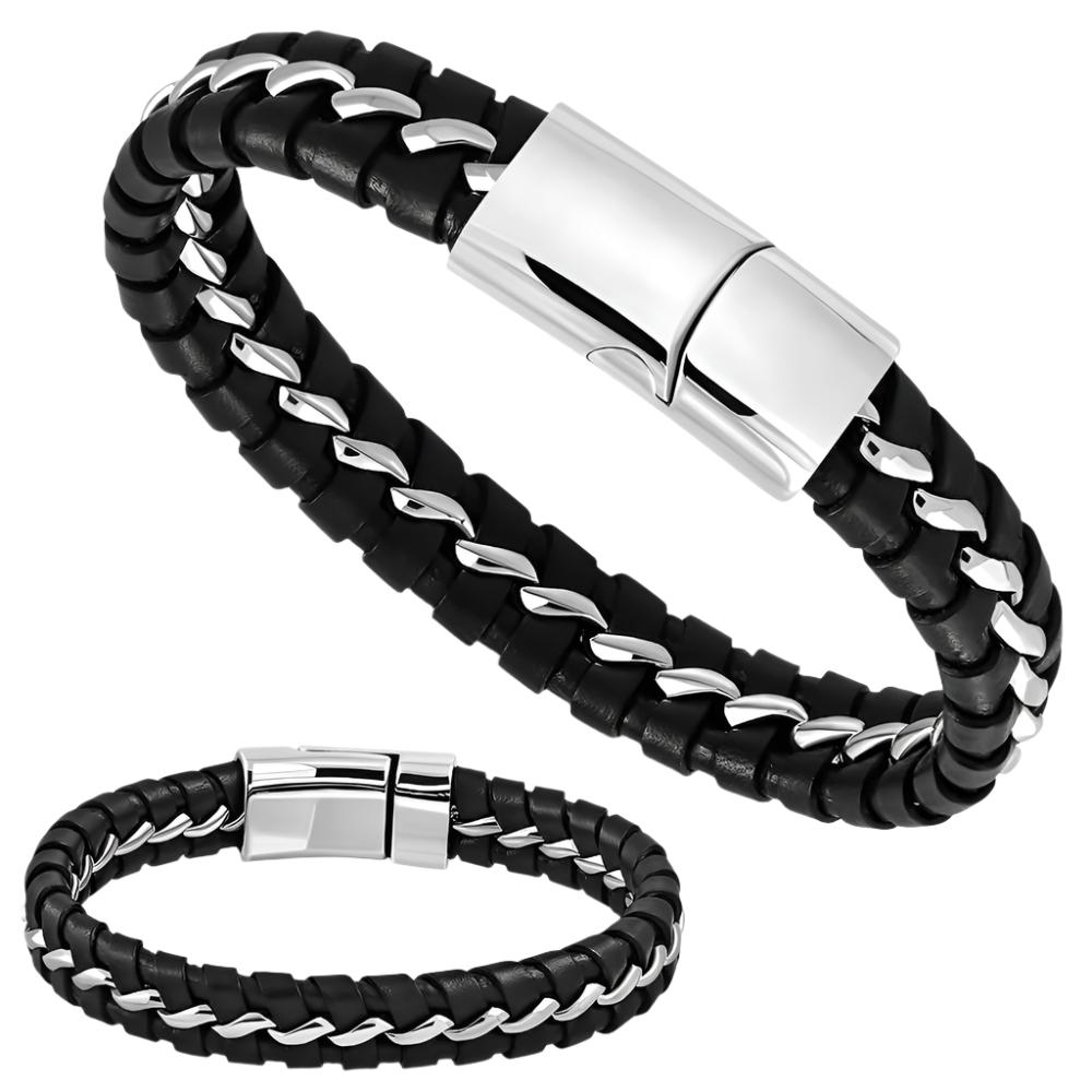 Leather Bracelet - W/ Stainless Steel Magnetic Slide Clasp Lock-BGO579 ...