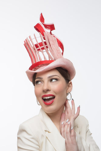 Striking Open Top Hat in Pink and Red by Felicity Northeast Millinery