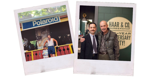 2 Images of Proraso Master Barber Michael Haar and his father, first of a young Michael and his dad on vacation, second the two in front of his barbershop Haar & Co.