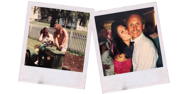 Two photos of barber Dani with her dad, first image of them mowing the lawn together second at a formal event