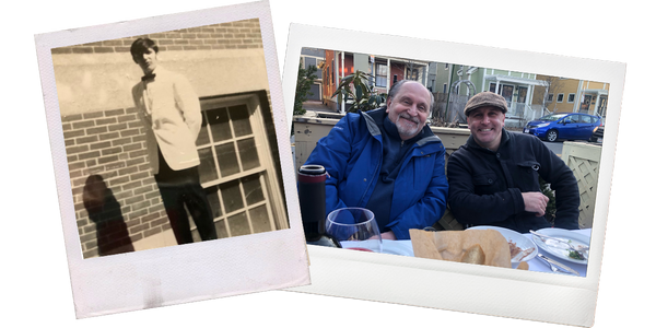 Two images: vintage photo of Anthony's father in front of a building and Proraso Master Barber Anthony Berriola with his father sitting down to a meal outside 