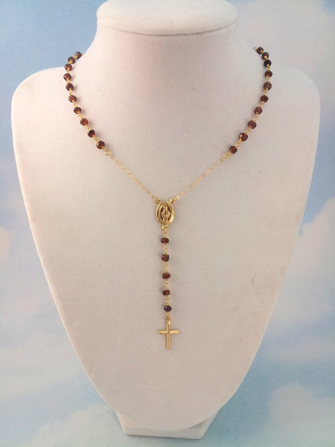 Rosary Necklace Gold Filled or Sterling Silver Garnet Gemstone Cross N