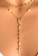 Load image into Gallery viewer, Labradorite Rosary Necklace Pearl Multi Strand Gold Sterling Silver Cross Necklaces Women