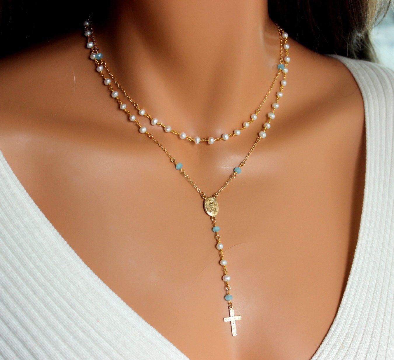 Load image into Gallery viewer, Multi Strand Cross Necklace Pearl