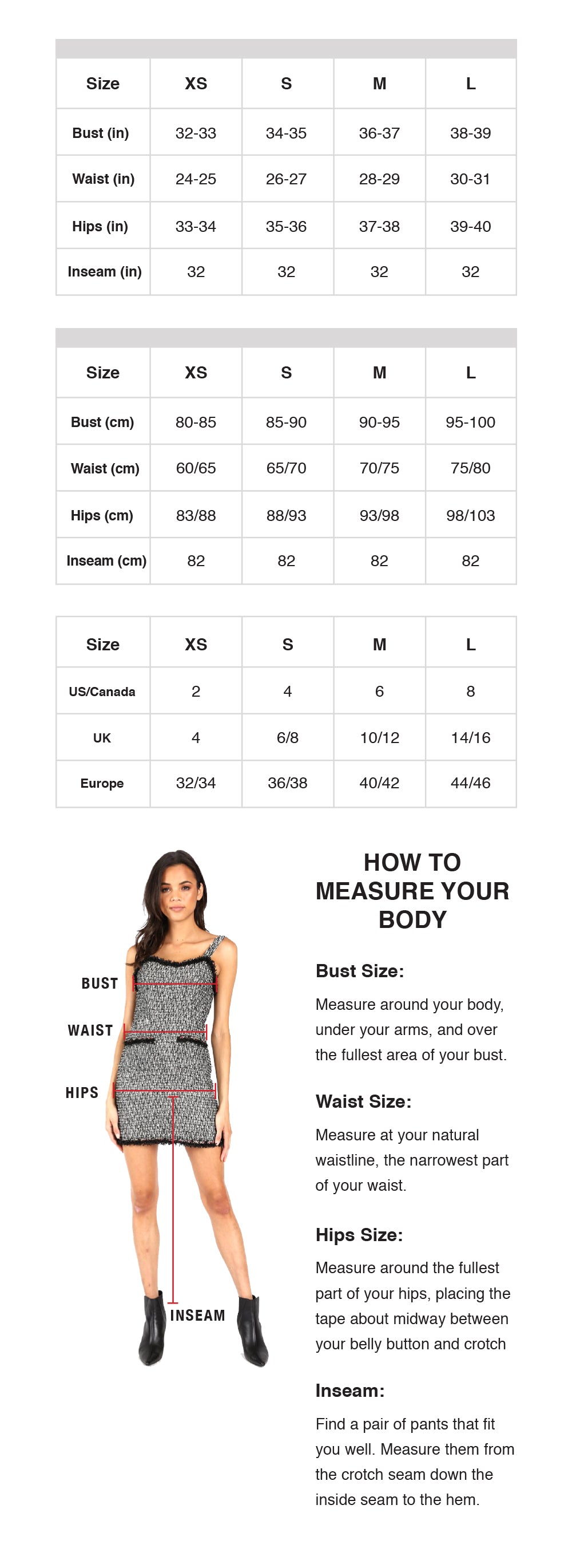 Honey Me Clothing Size Chart