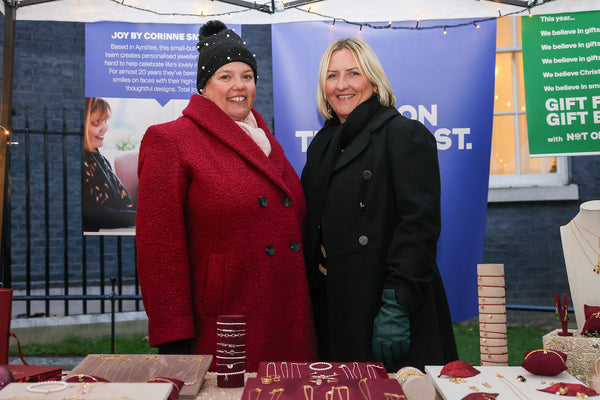 Image shows Fiona Davies and Corrine Smith at the JOY by Corrine Smith and Not on the High Street stall at the small business winter showcase at downing street.