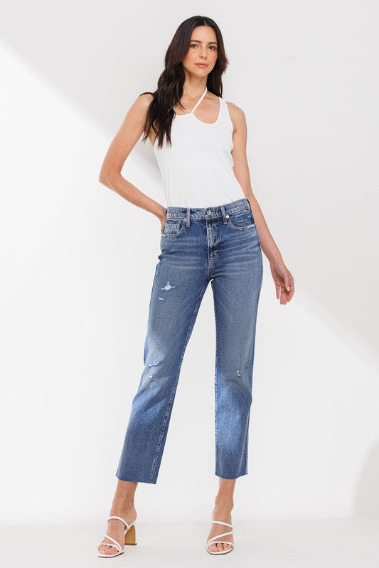 HIGH RISE SLIM STRAIGHT JEANS WITH RAW CUT