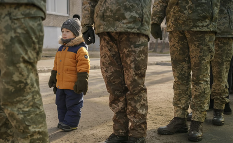 A child copies Ukrainian soldiers standing at attention. (Vadim Ghirda: AP)