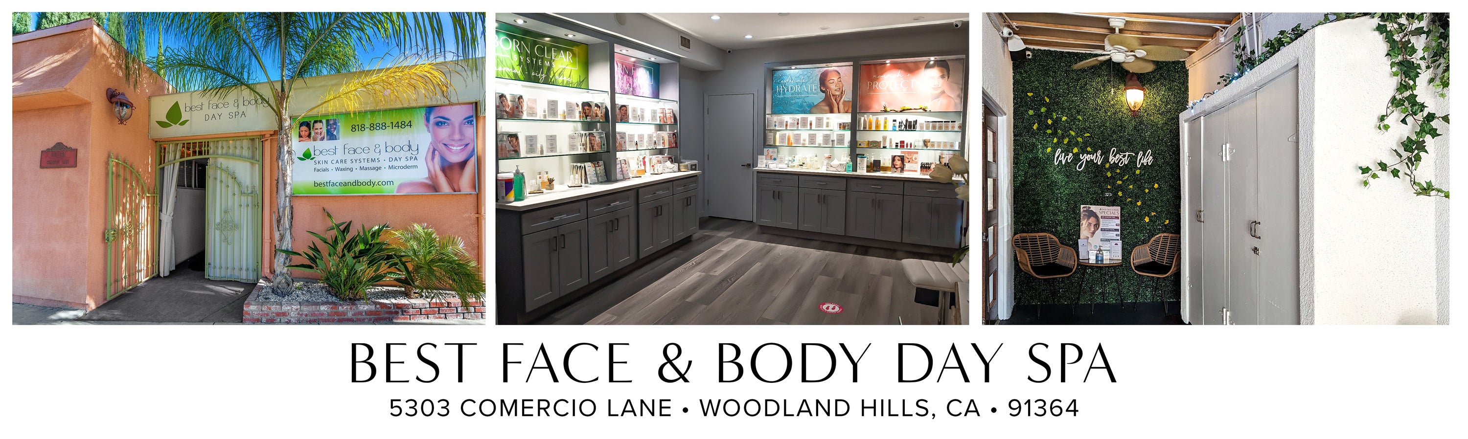 Photographs of spa exterior and interior. Best Face & Body Day Spa • 5303 Comercio Lane, Woodland Hills CA 91364