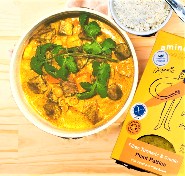 Thai Yellow Coconut Curry with Amino Mantra Fijian Turmeric & Cumin Patties