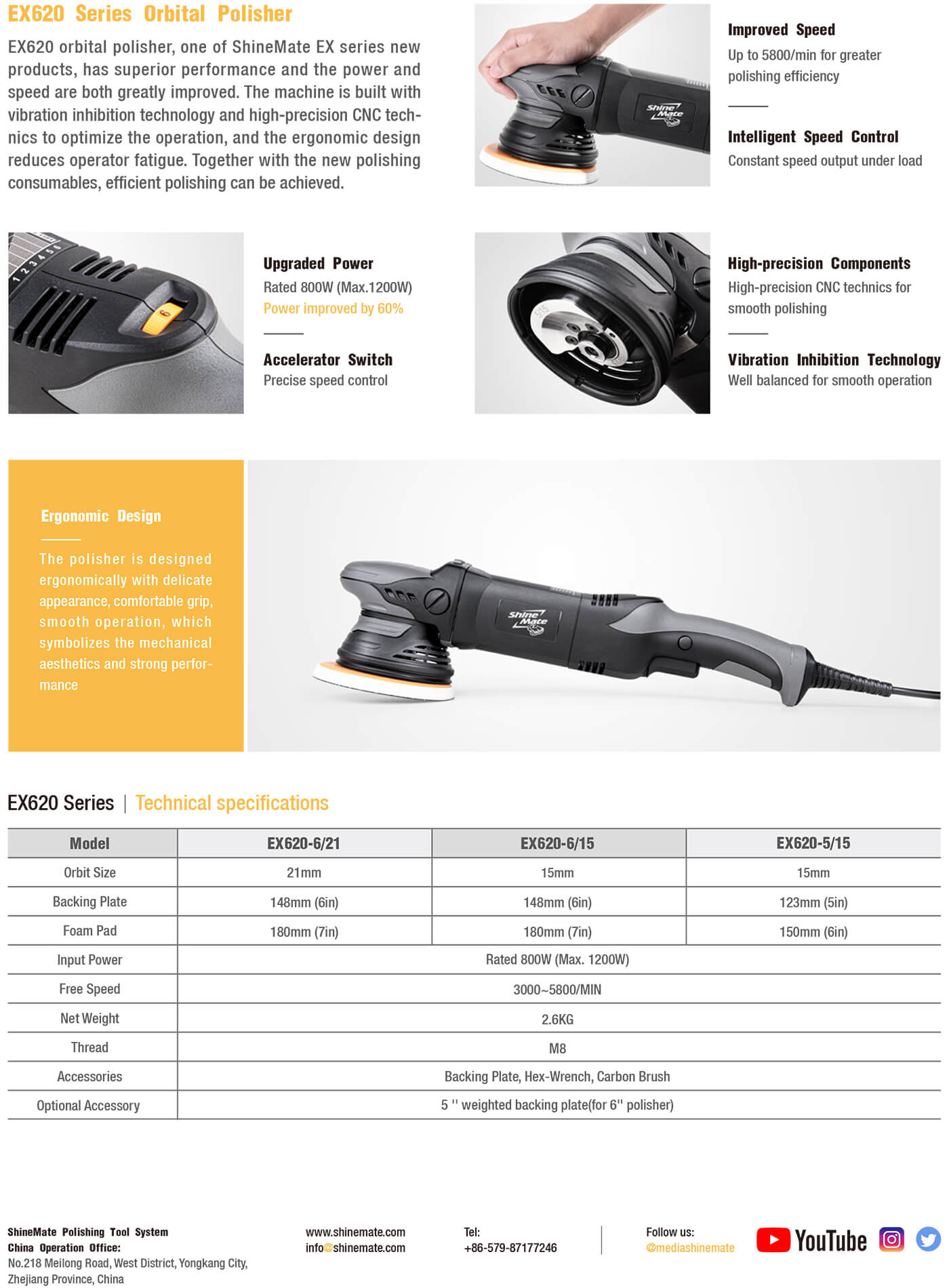 Shinemate EX620 polisher with 60% power improvement: the most powerful, non-stalling DA dual action polisher