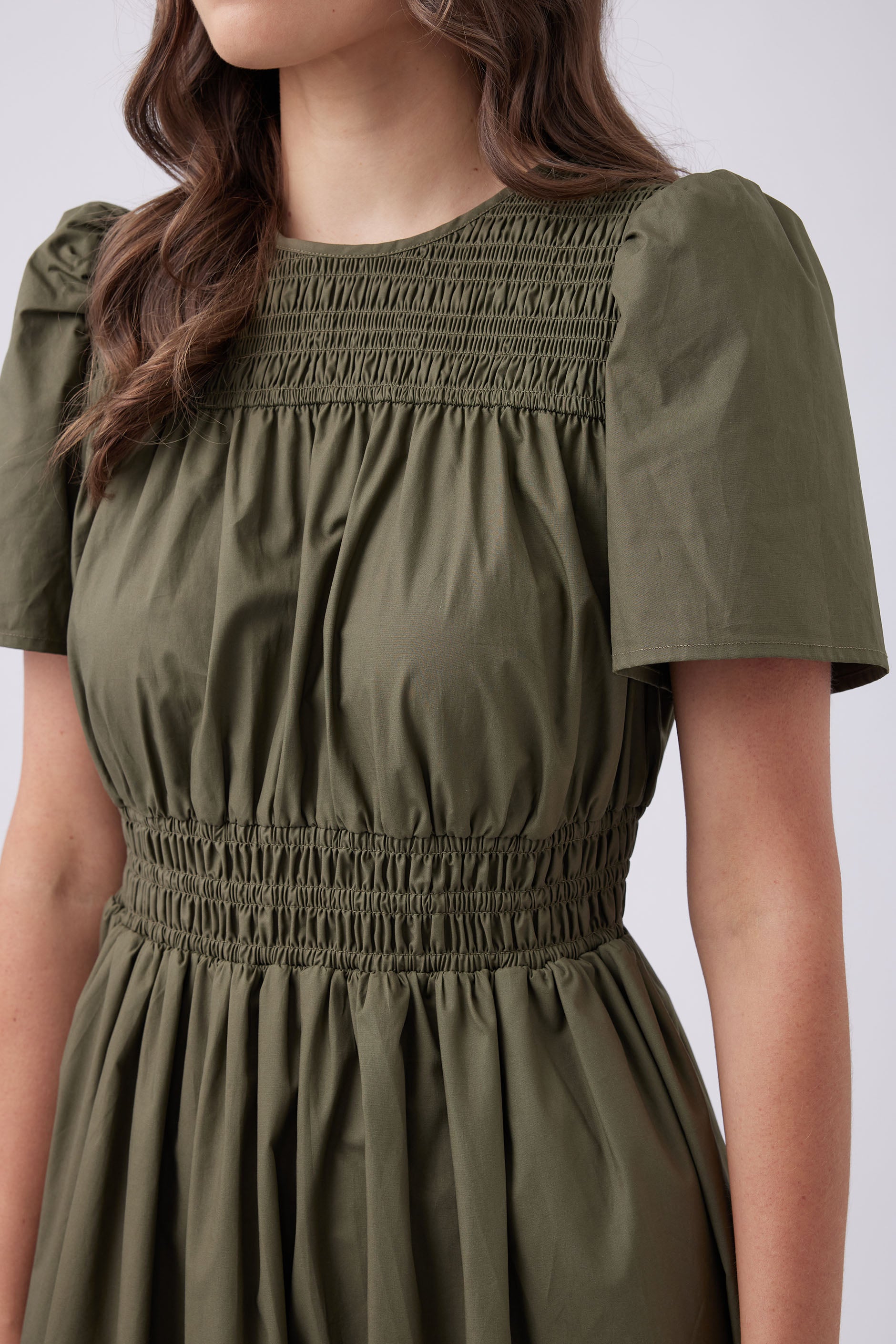 Sage Green Shirred Waist Shirt Dress