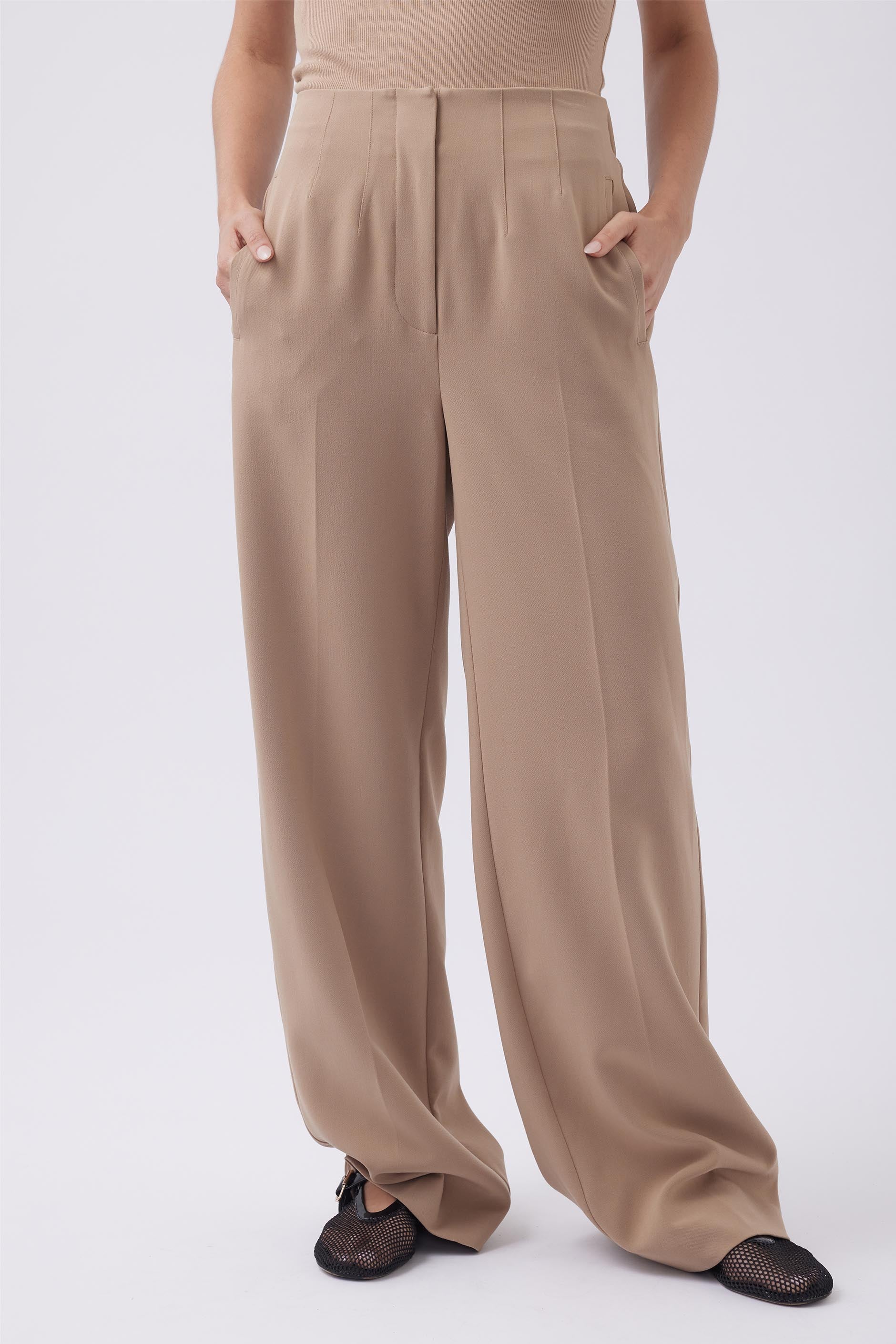 Camel High Waist Wide Leg Trousers