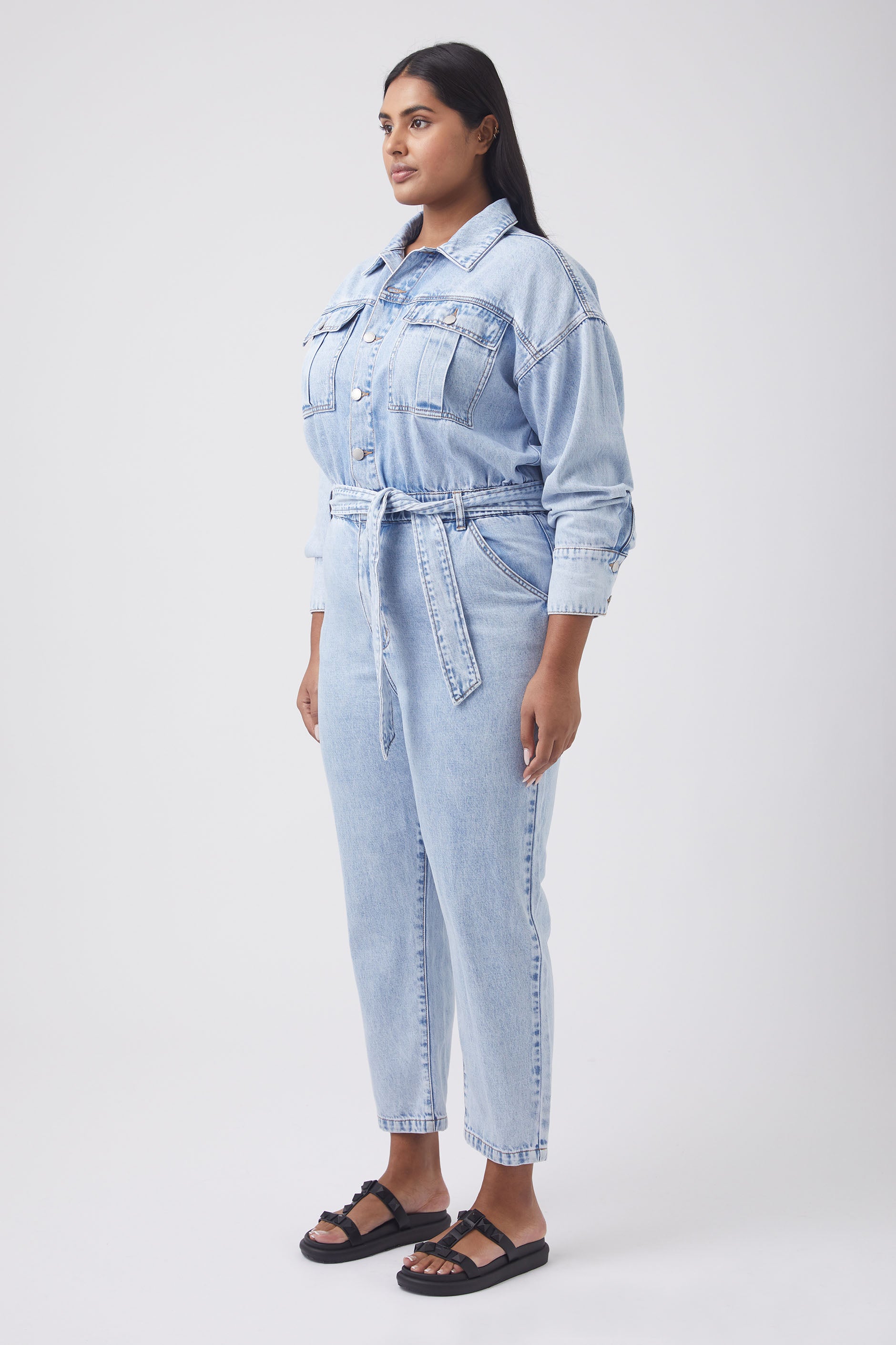 Cosmic Print Stretch Denim Jumpsuit Blue