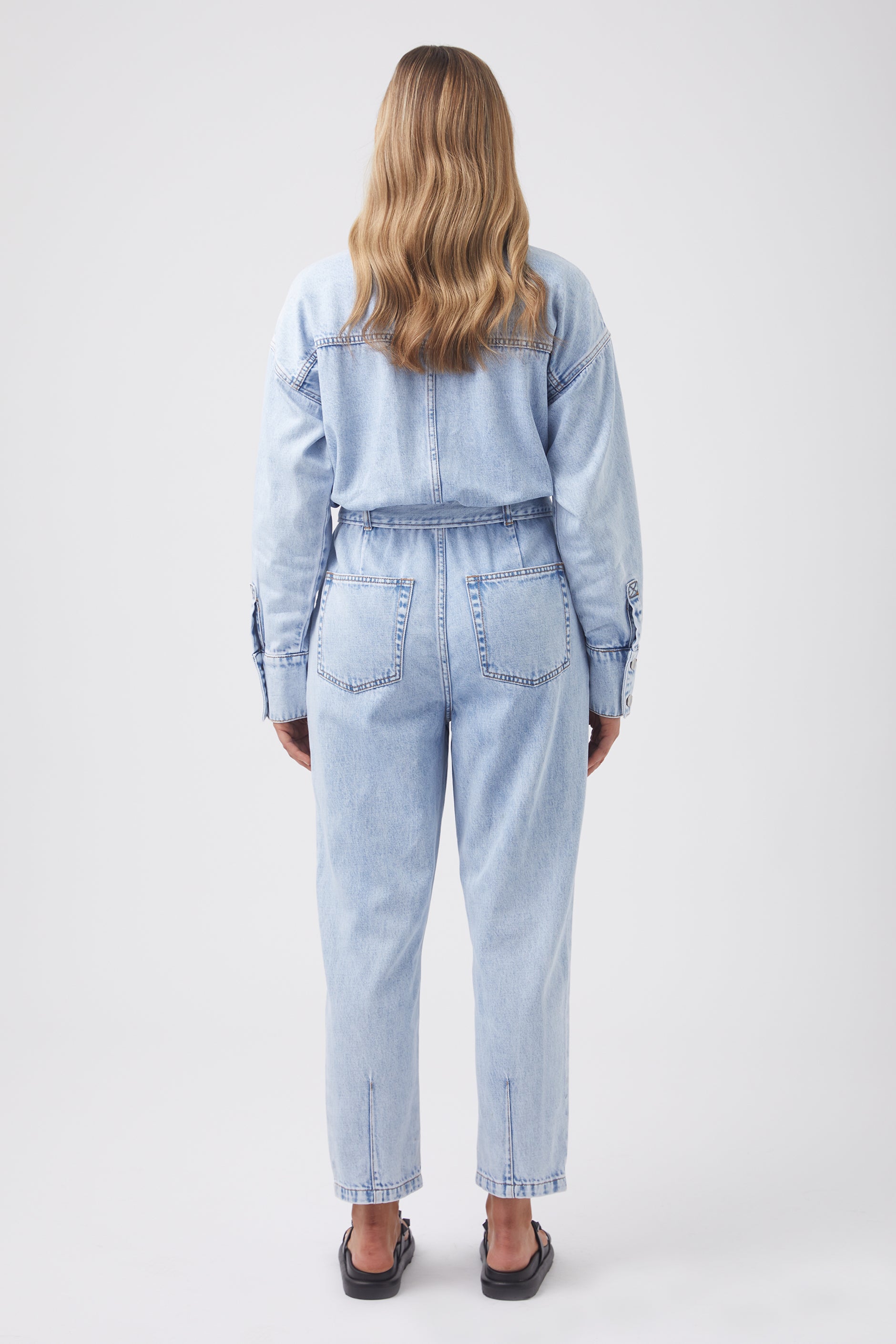 Cosmic Print Stretch Denim Jumpsuit Blue