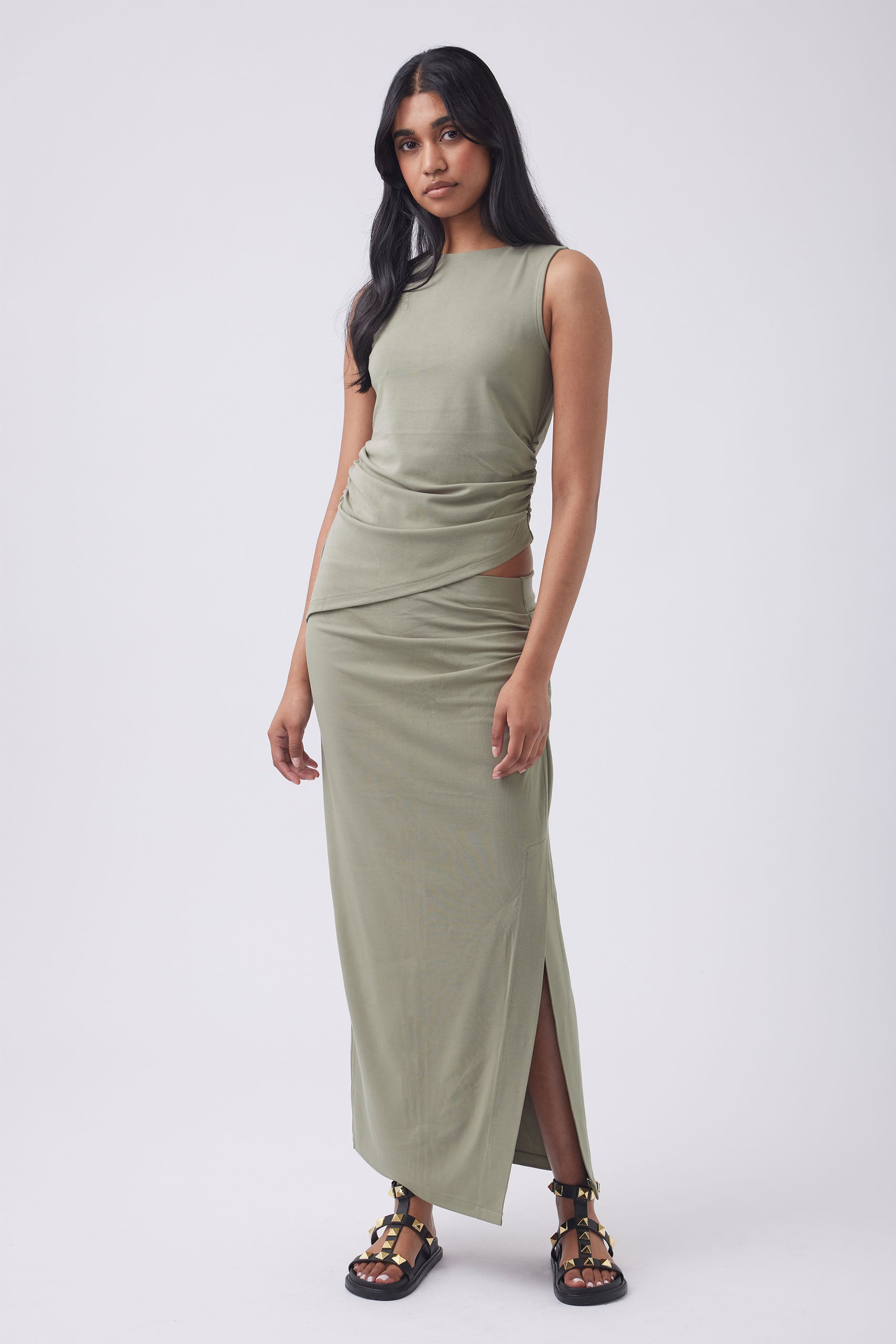 Green ruched clearance midi skirt