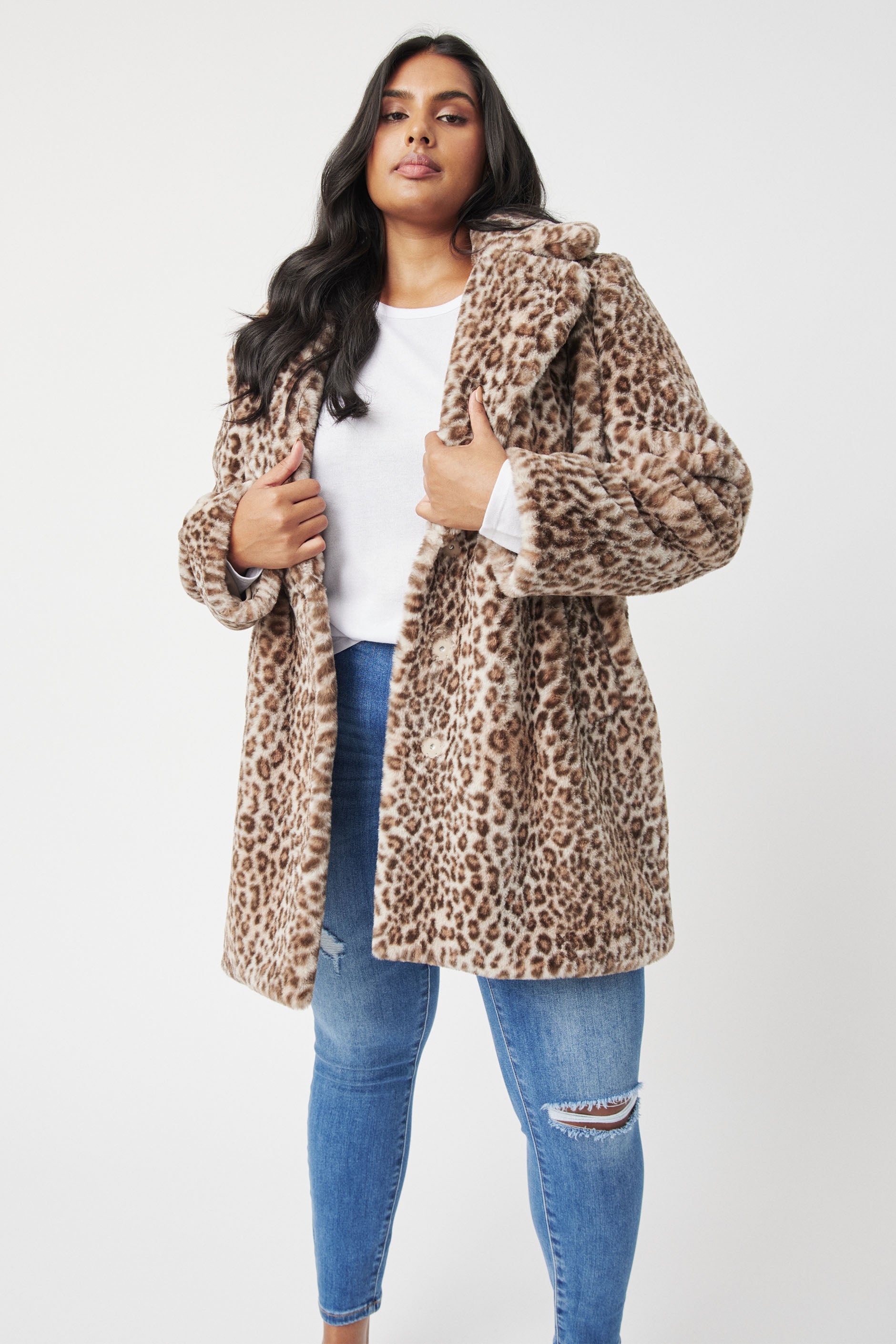 ZLSLZ Womens Ladies Winter Long Length Leopard Faux Fur Loose Luxury P  オンラインで最も安い