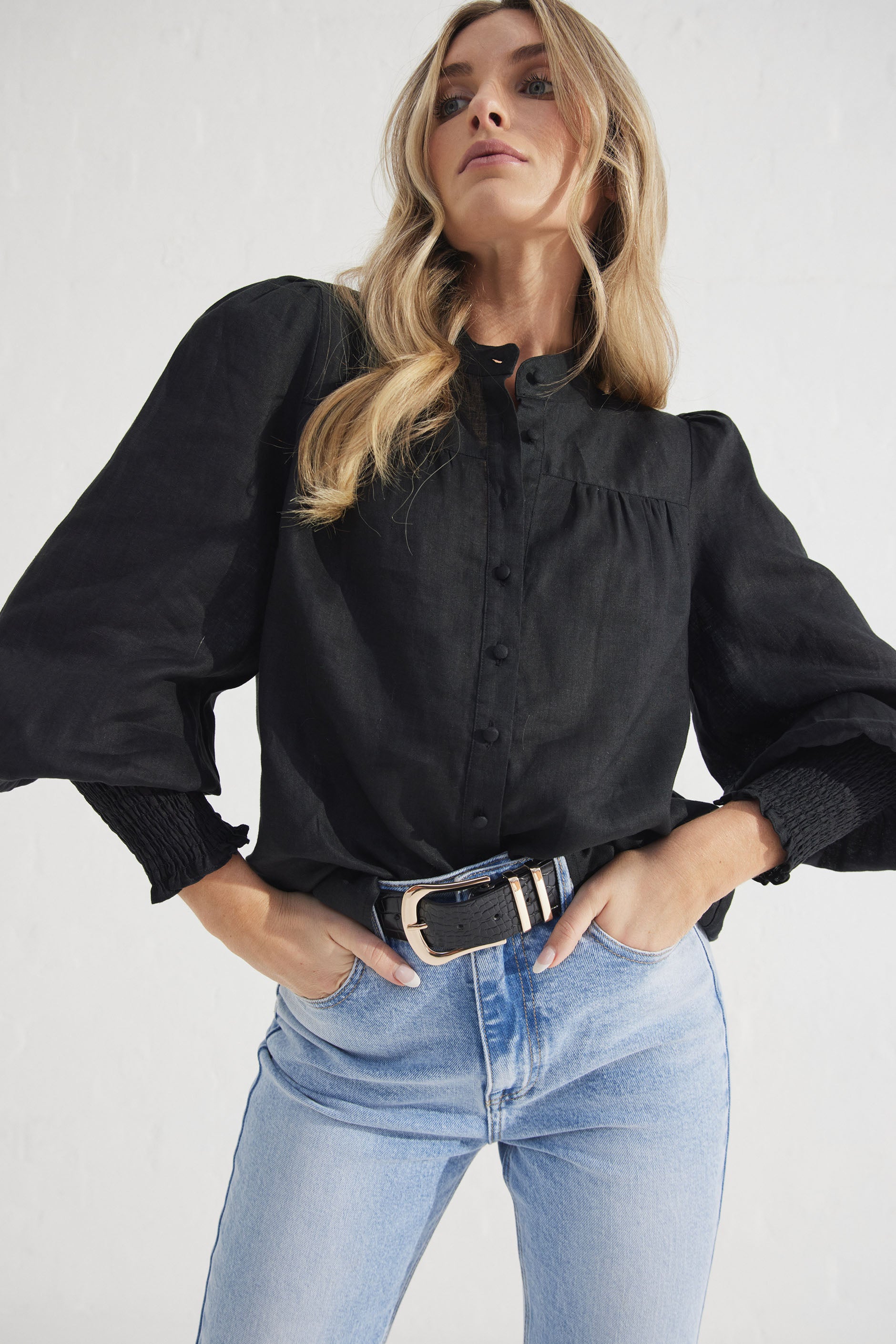 Natasha Shirred Cuff Shirt — Black | DECJUBA