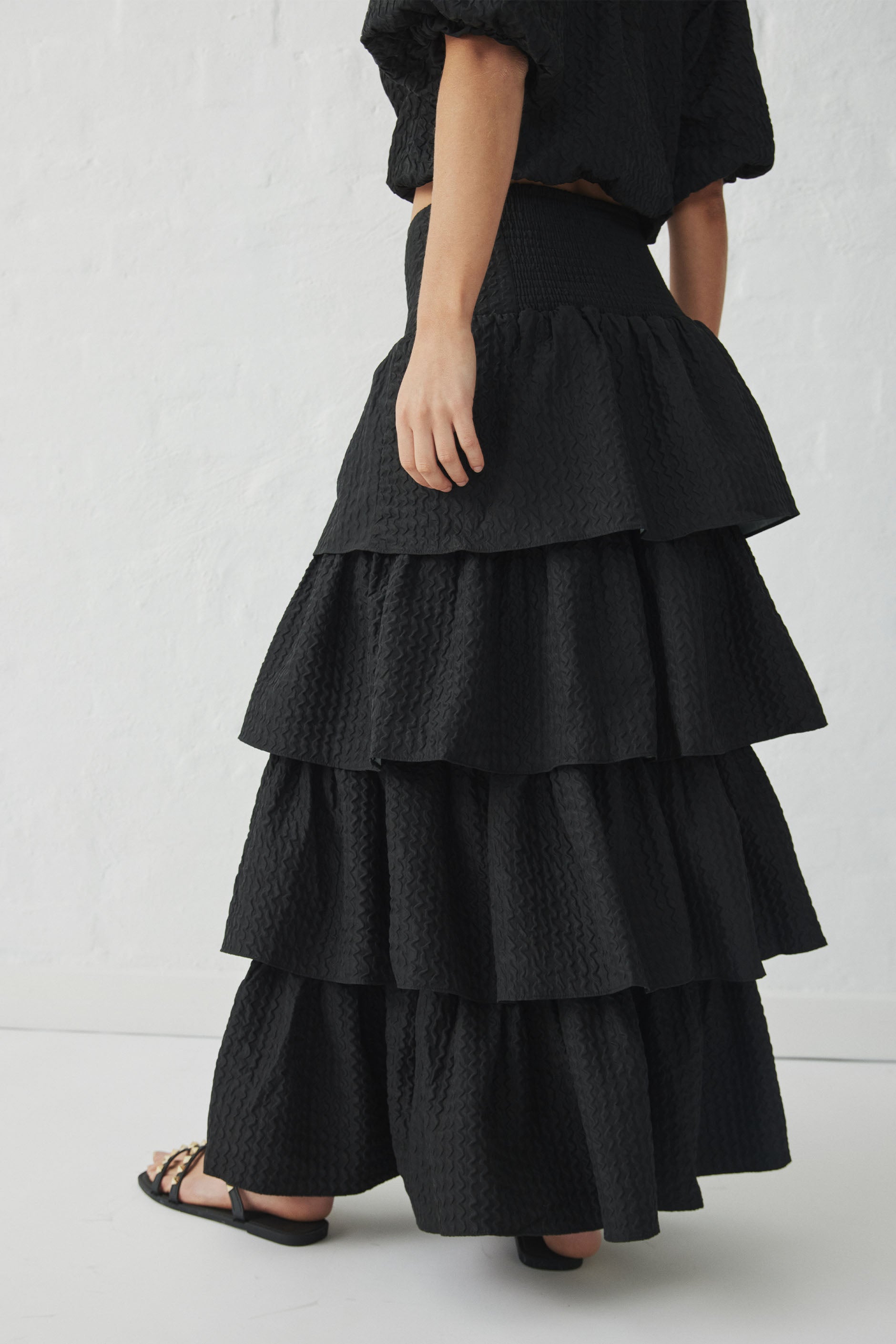Pleated Ruffled Cotton A-Line Maxi Skirt