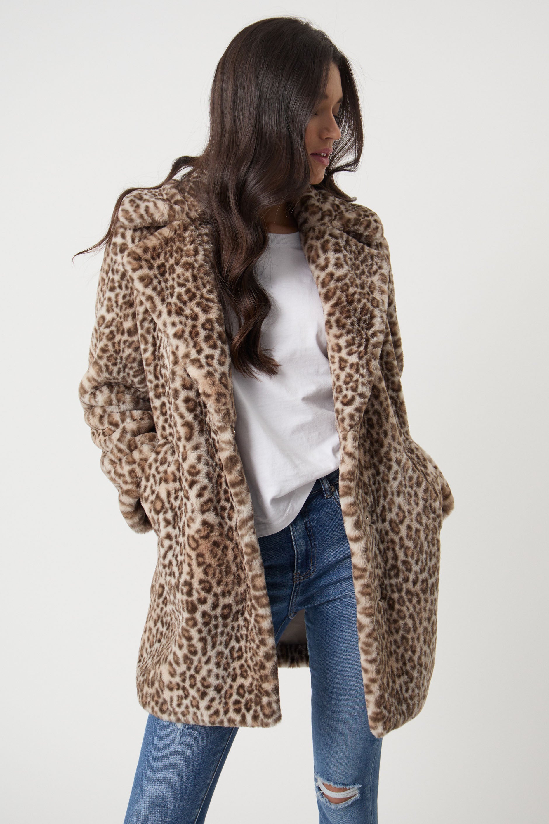 ZLSLZ Womens Ladies Winter Long Length Leopard Faux Fur Loose Luxury P  オンラインで最も安い