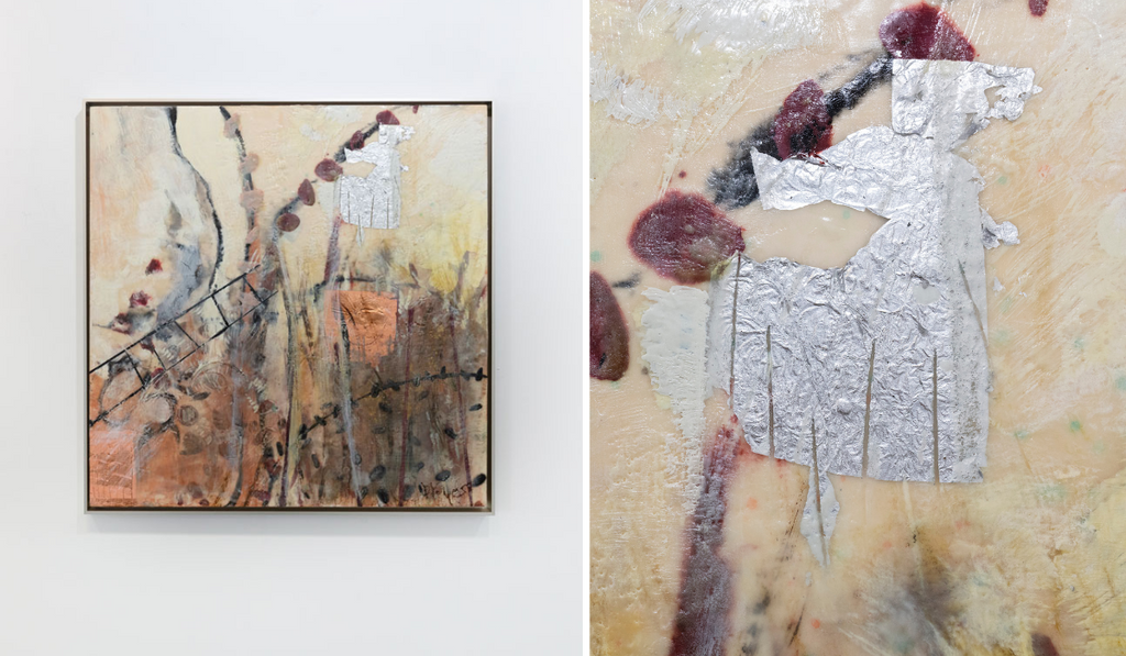 An encaustic painting by Linda Bigness next to the detail of metal leaf used in a portion of the painting.