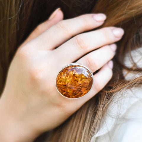 large gemstone amber adjustable chunky ring