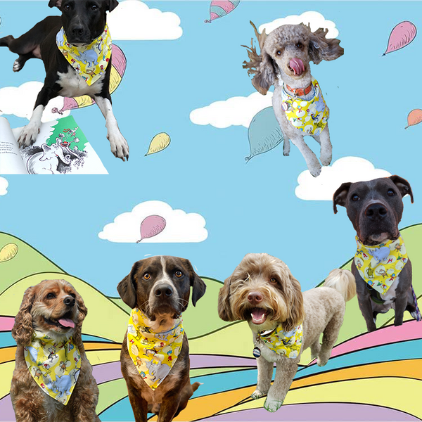 Collage of six dogs in a Seuss landscape