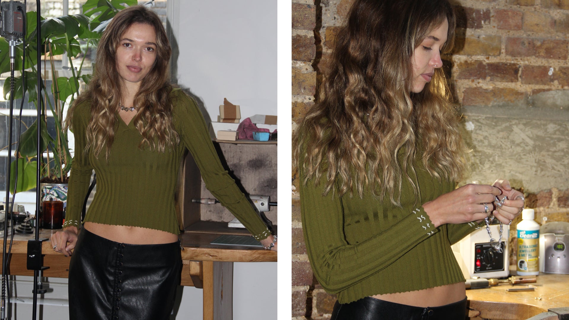 woman wearing an olive merino wool top and a vegan leather skirt