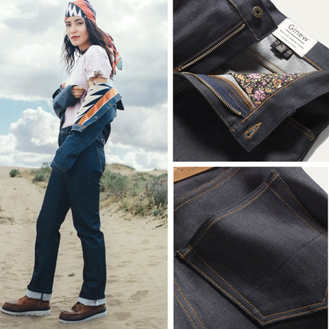 Womens raw selvedge denim made in USA on Native American model