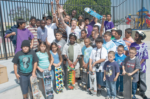 photo of Tony Hawk and skateboarding kids