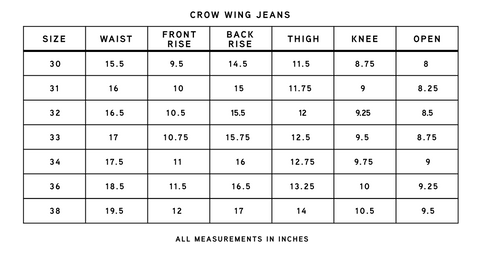 Crow Jean Size Chart