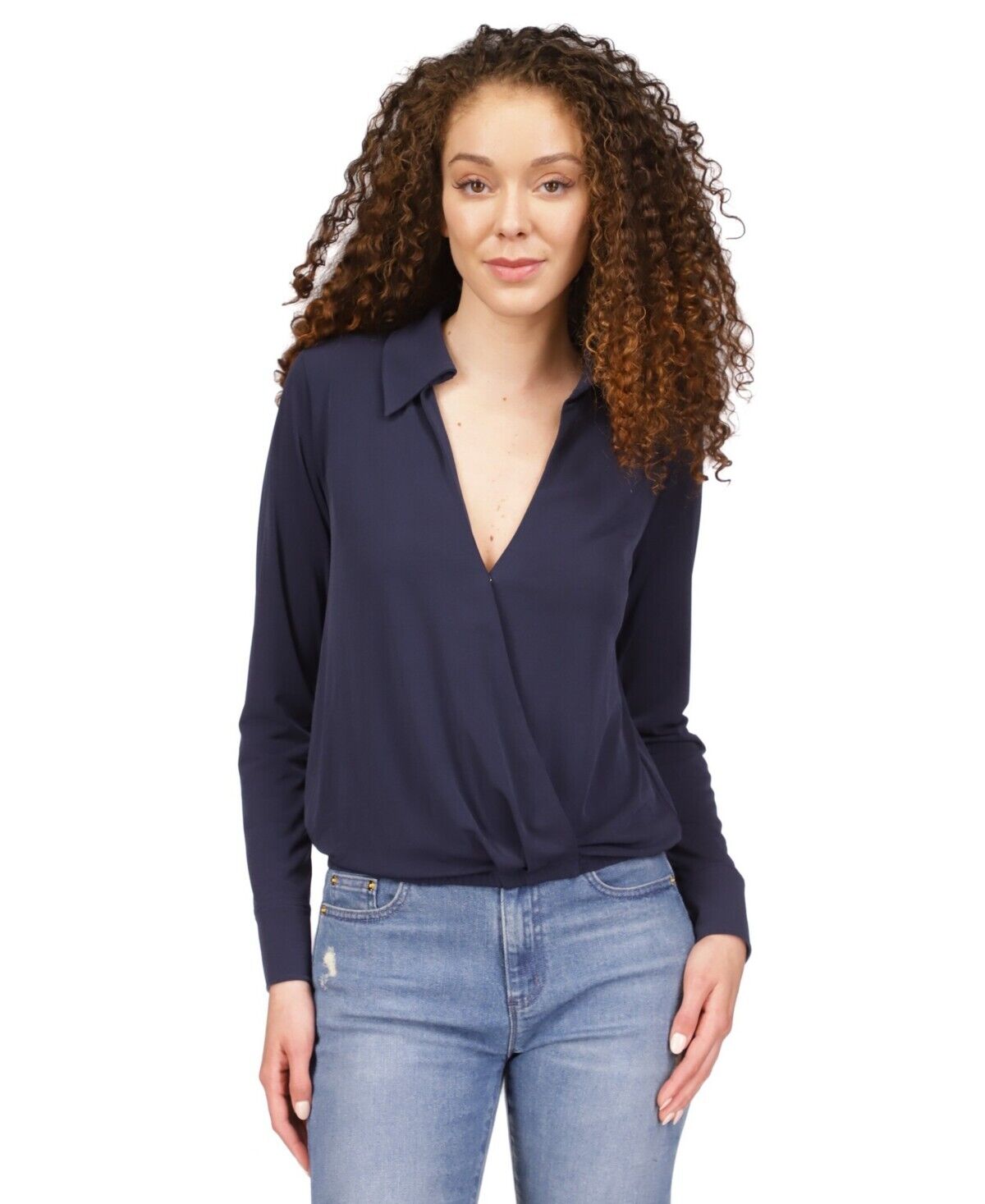 Michael Michael Kors Women's Solid Collared Faux-Wrap Top Navy Size XL MSRP $88