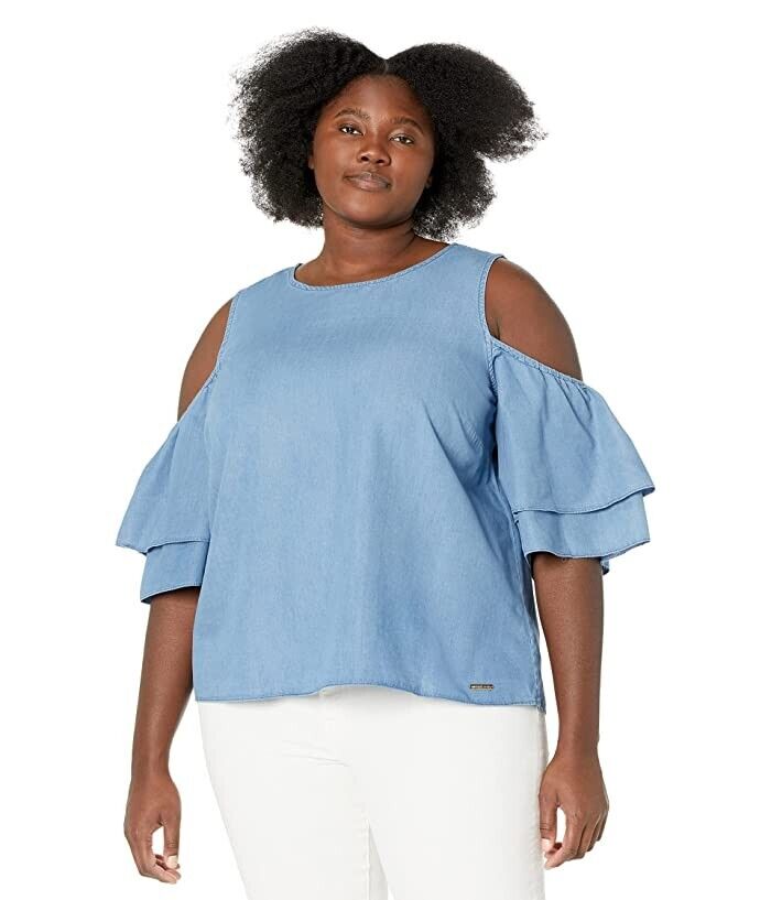 Michael Kors Plus Size Cold-Shoulder Ruffled Top Blue Size 1X MSRP $84