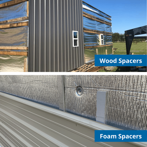 Examples of spacers between the exterior sheathing and the foil surface. You can use wood, foam, or plastic spacers.