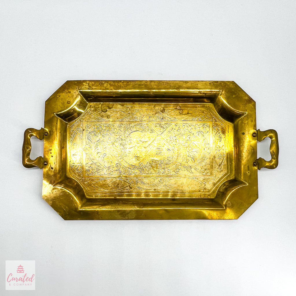 Oval Brass Tray. Faux Bamboo Metal Tray W Handles. Vintage Brass
