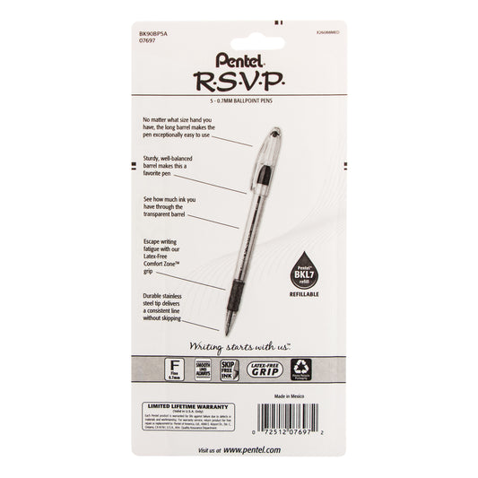 Pentel R.S.V.P. Ballpoint Pens Fine Point 0.7mm Clear Barrel Black Ink Pack  of 5